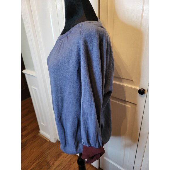 Boden Blue/Burgundy Linen Blend Tie Sweater 3/4 Sleeves L Twee Cottage Retro - Picture 5 of 9